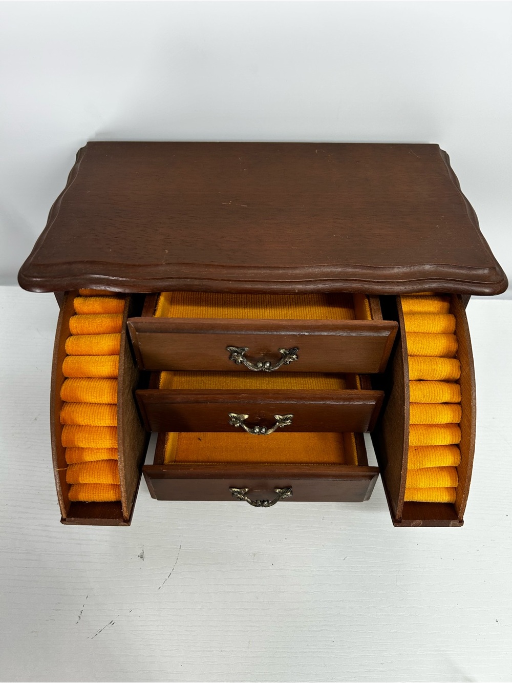 Wood Jewelry Organizer with Bright Orange Lined Drawers